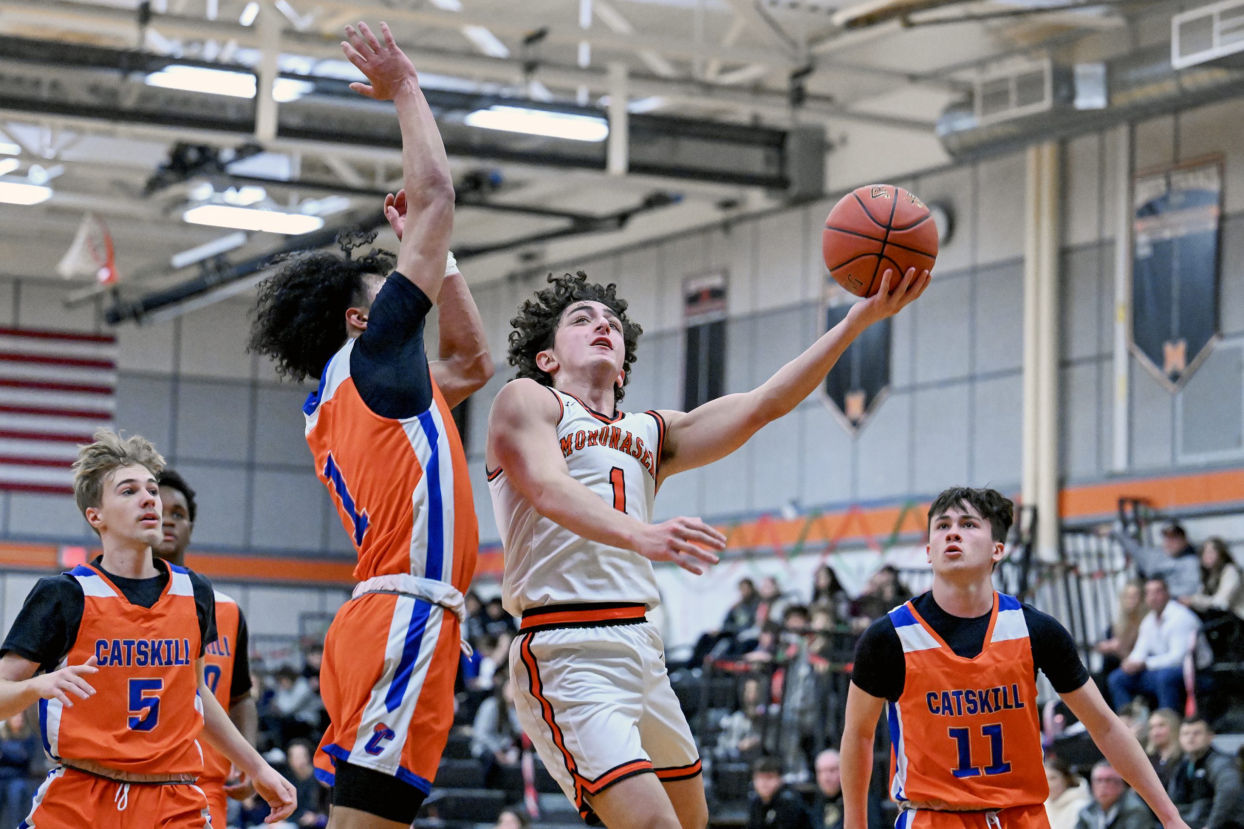 Mohonasen’s Jacob Paolino takes a shot against Catskill’s Makhi Henry during Mohonasen Kirvin Cup in Rotterdam on Wednesday, December 27, 2023.